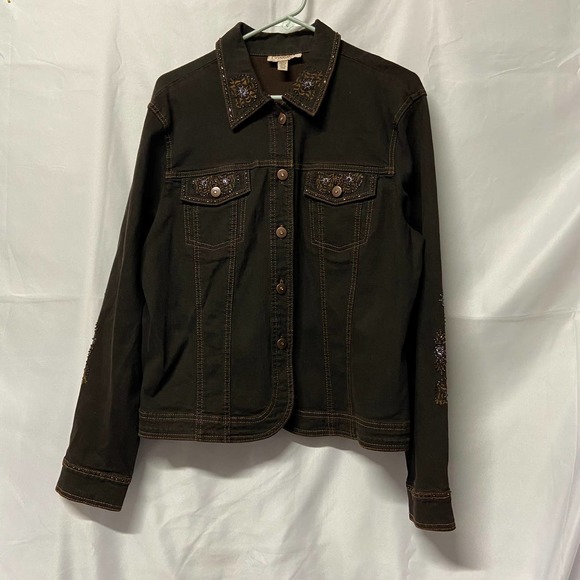 Conrad C Weekend Brown Stretch Denim Style Jacket 14 With Bling Sequins - Picture 1 of 11